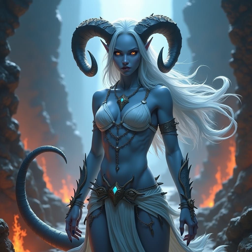 Icy Tiefling with Silver Hair in Matte Painting Style