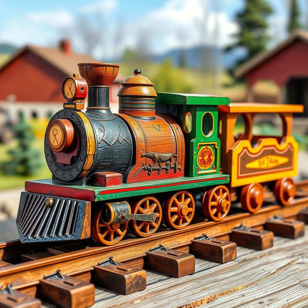 Intricately Carved Wooden Toy Train as Nostalgic Painting