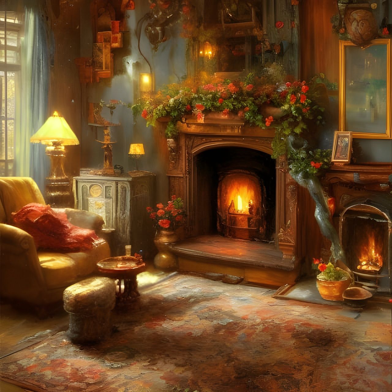 Cozy Cottage Interior in Oil Painting Style