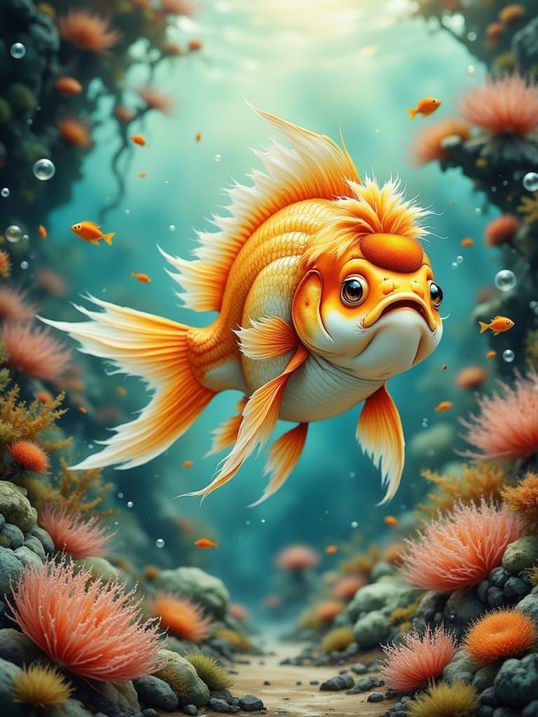 A close-up whimsical chibi gold fish with large, shimmering ...