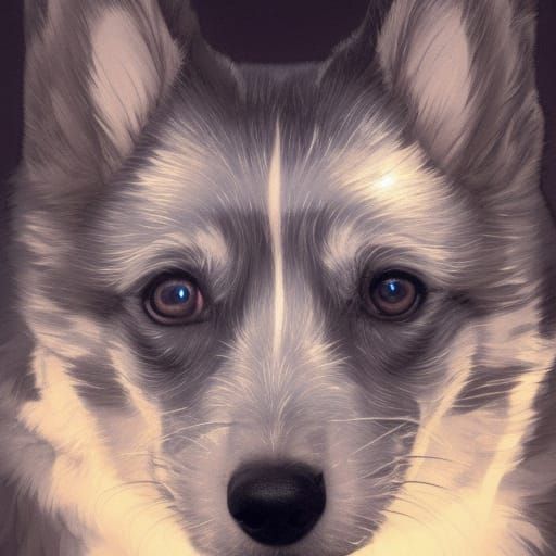 Glowing Silver Corgi Head, Detailed Digital Art