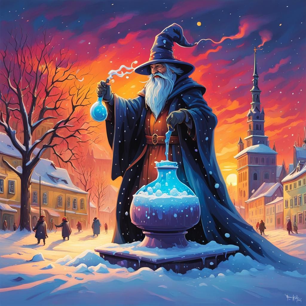 Wizard Brews Potion in Kromeriz: Graffiti Art Style