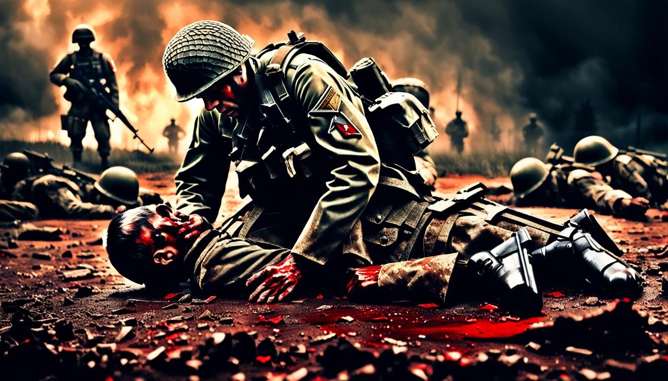 Crying Soldier on Battlefield: Photorealistic War Scene