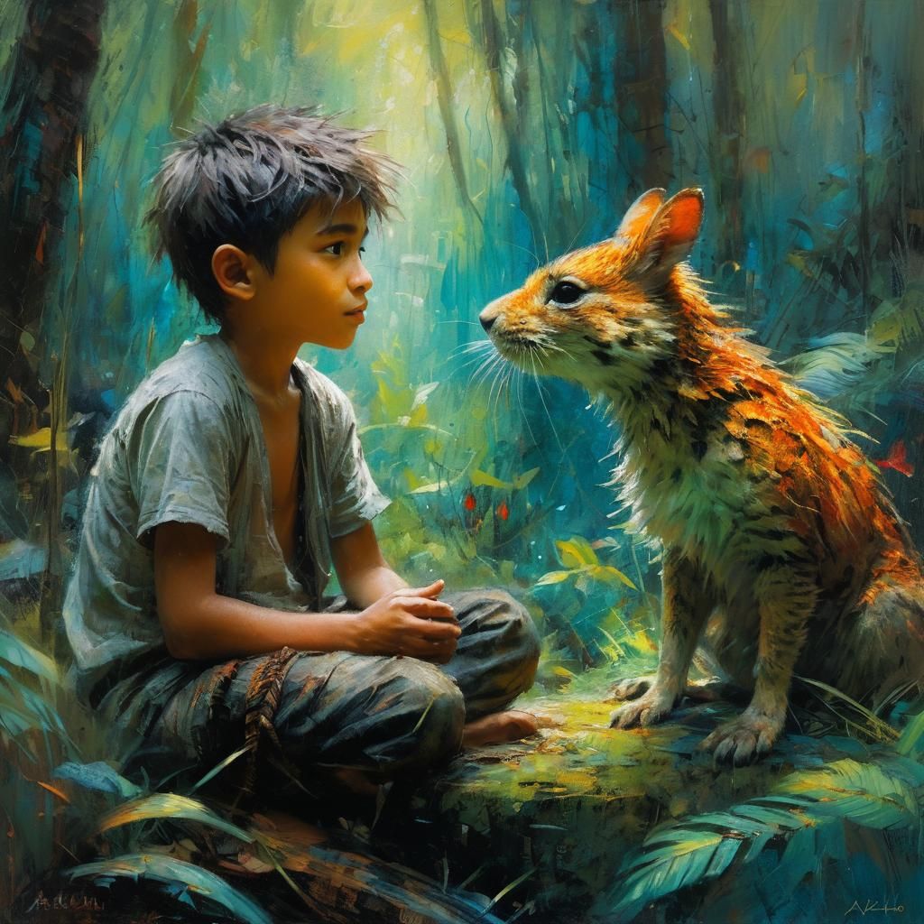 Boy in Enchanted Forest: Impressionistic Polynesian Art