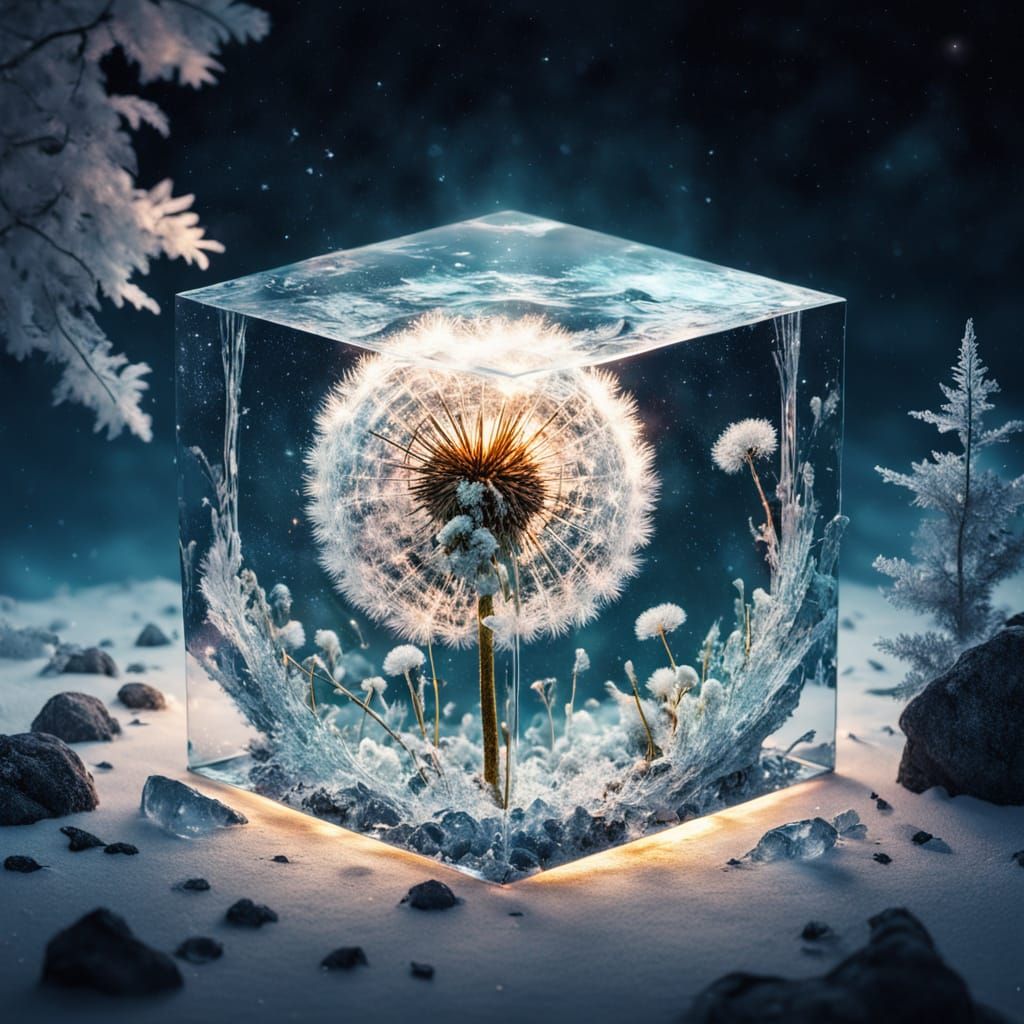 Glowing Glass Cube With Dandelion In Enchanted Galaxy Forest
