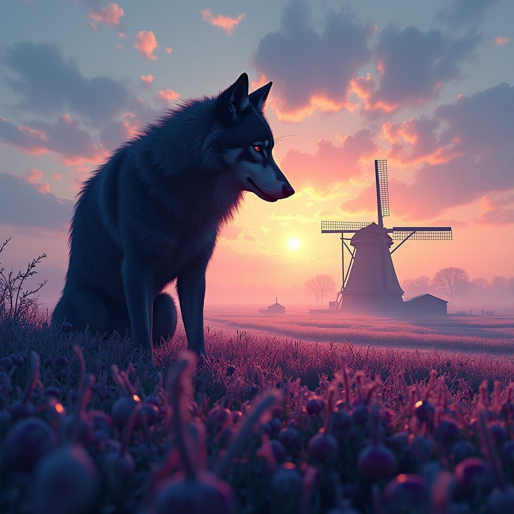 Fantastical Wolf Silhouette Amidst Frosty Fields and Dutch W...