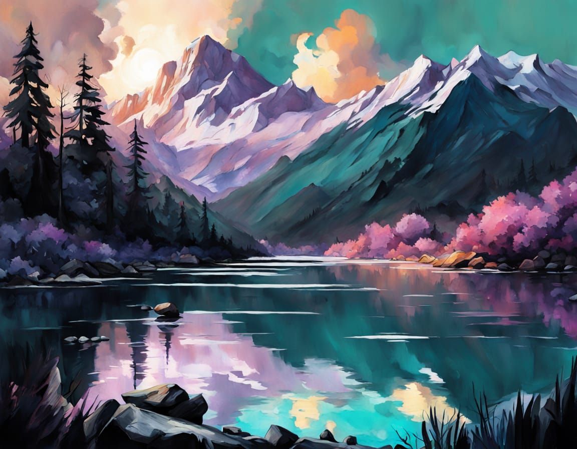 Turquoise Lake at Sunset in Gouache Style