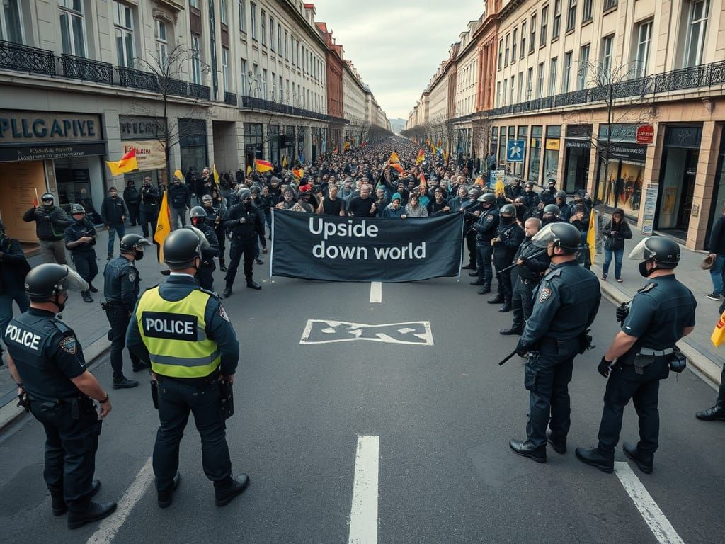 German City Street Scene: Police vs. Masked Demonstrators
