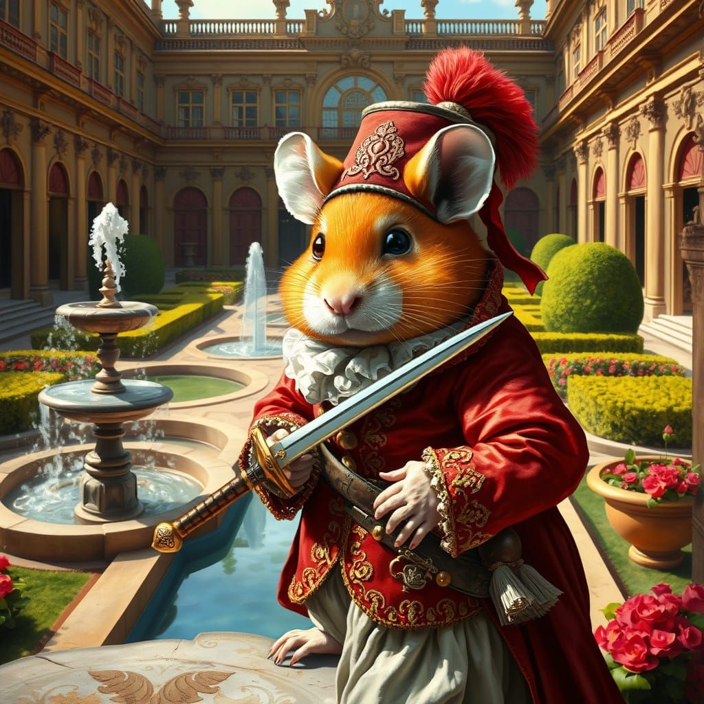 Baroque Hamster Musketeer in Sun-Drenched Versailles Courtya...