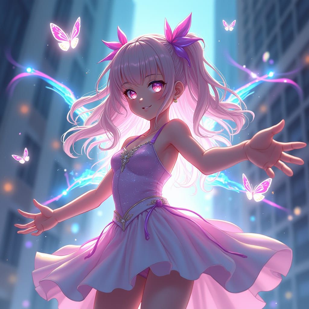 Magical Girl Transformation in a Futuristic Cityscape