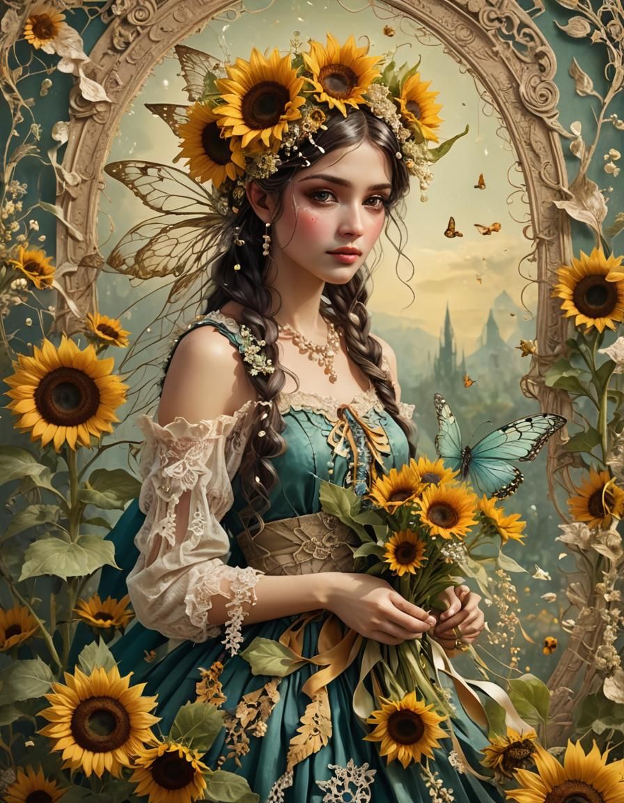 Vintage Summer Fairy with Flowers and Pearls