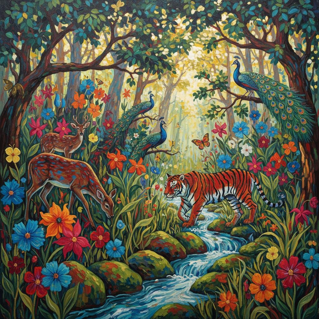 Vibrant Forest Wildlife Scene in Fauvism Realism Style