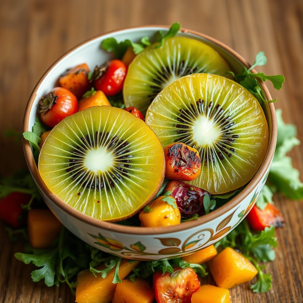 Fresh Fruits and Vegetables in a Delicate Ceramic Bowl
