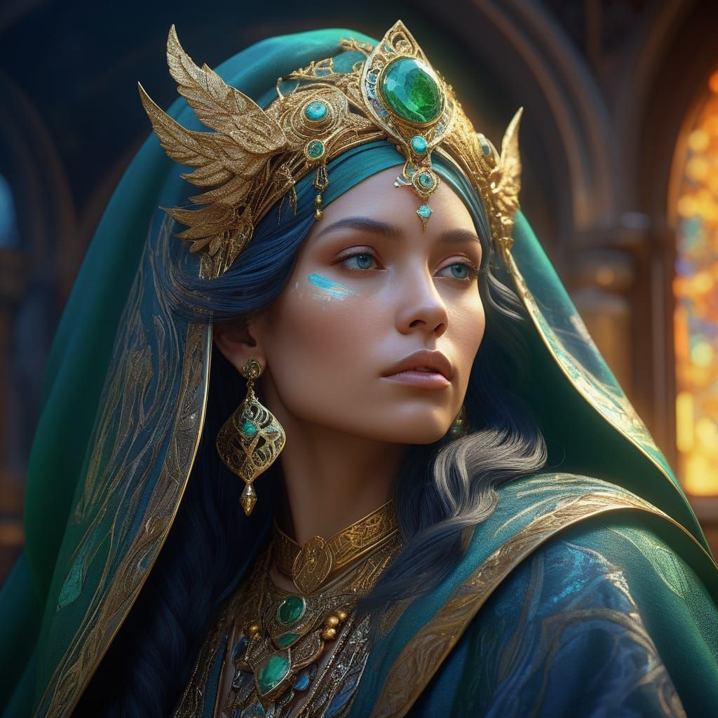 Mystical Sorceress in Elegant Embroidered Cloak