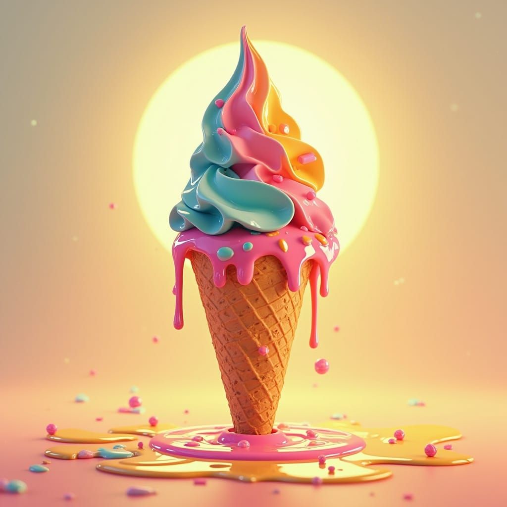 Colorful Melted Ice Cream Cone in Digital Art Style