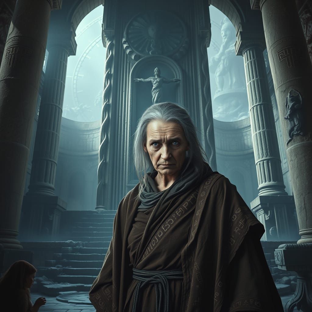 Old Woman at Altar in Dark Surrealist Style