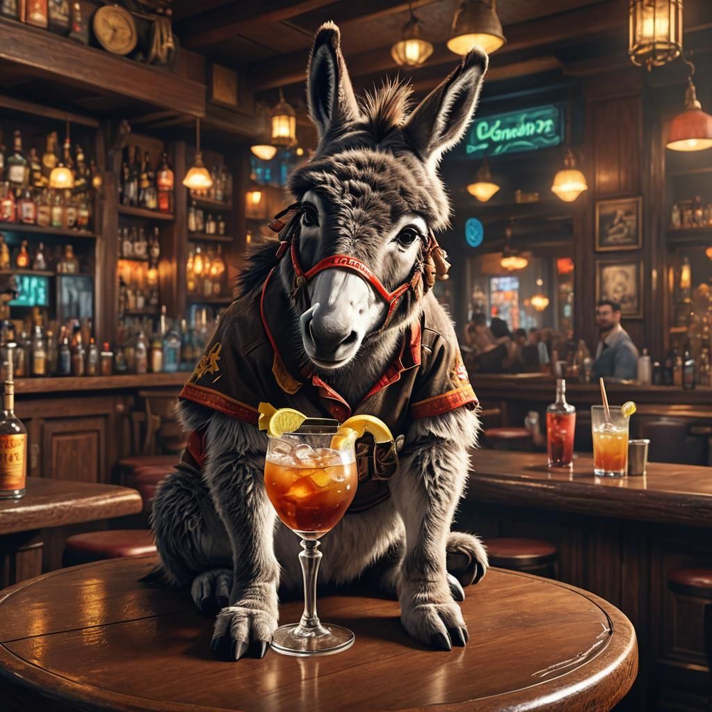 Baby Donkey Enjoys Cuba Libre Cocktail, Detailed Fantasy Art