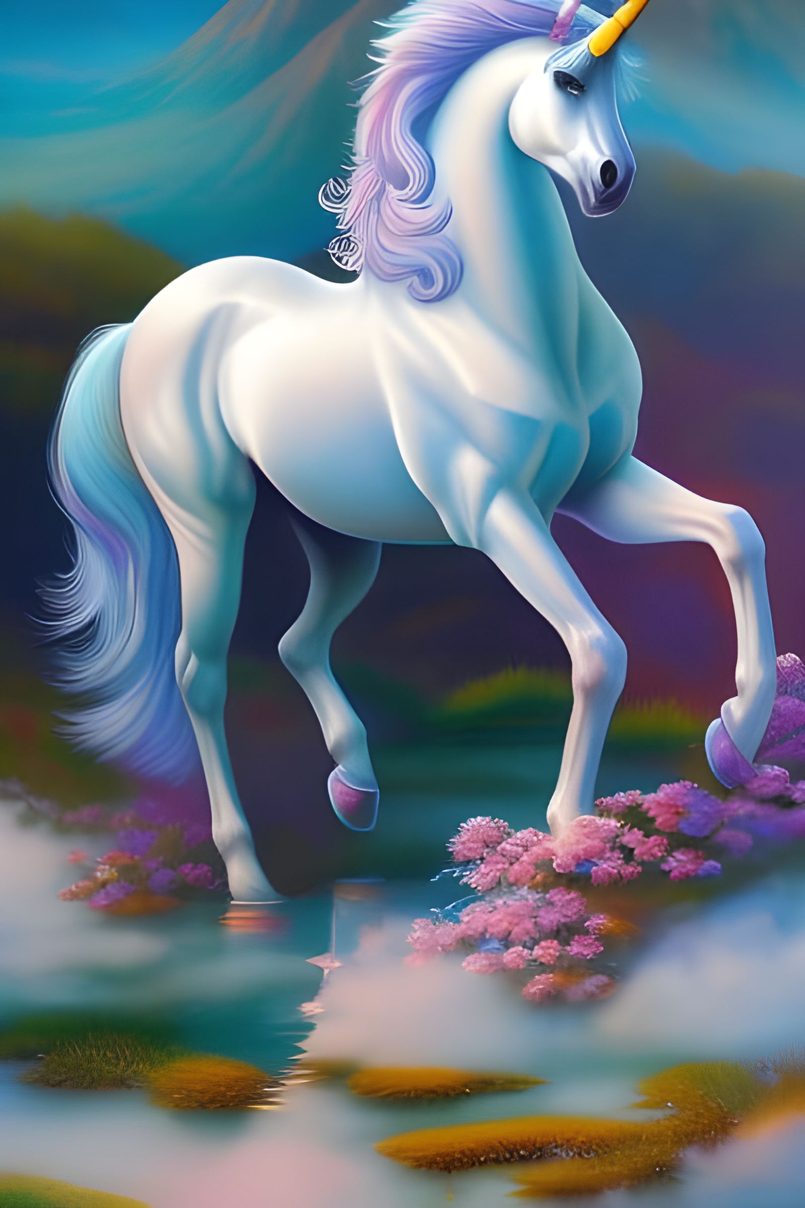 Elegant Unicorn Prancing in Whimsical Landscape