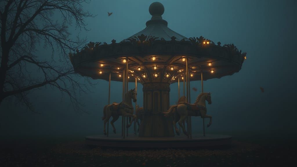Abandoned Carousel in Autumn Night Fog