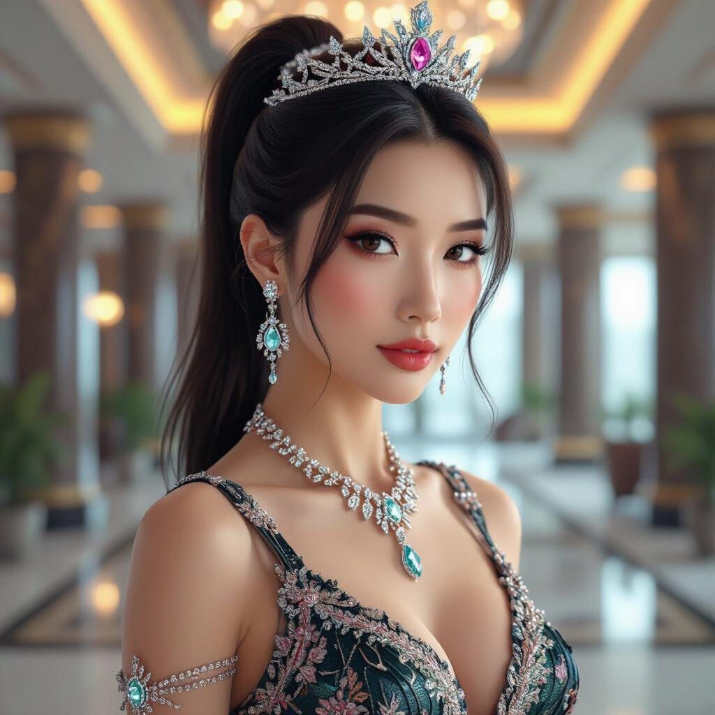 Hyperrealistic Asian Woman in Futuristic Attire