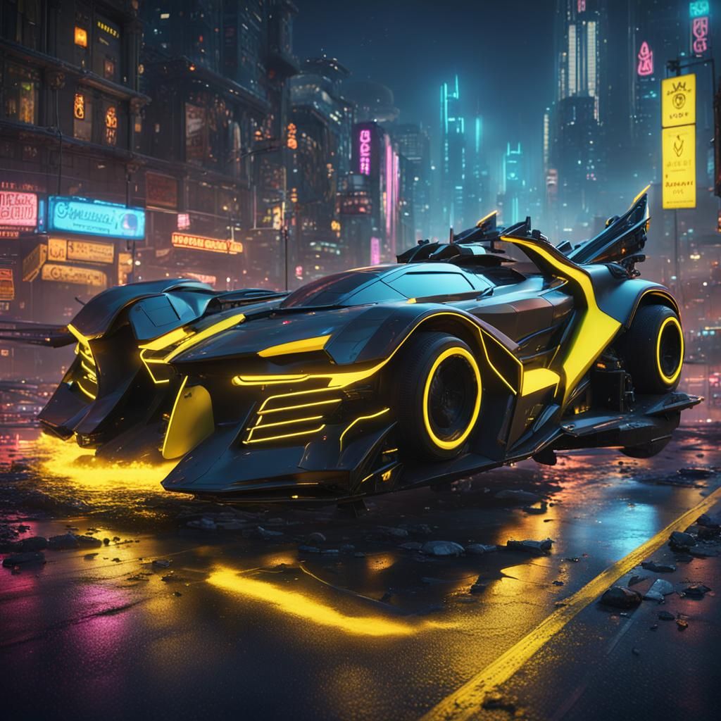 Cyberpunk Batmobile in Fatalistic City at Night