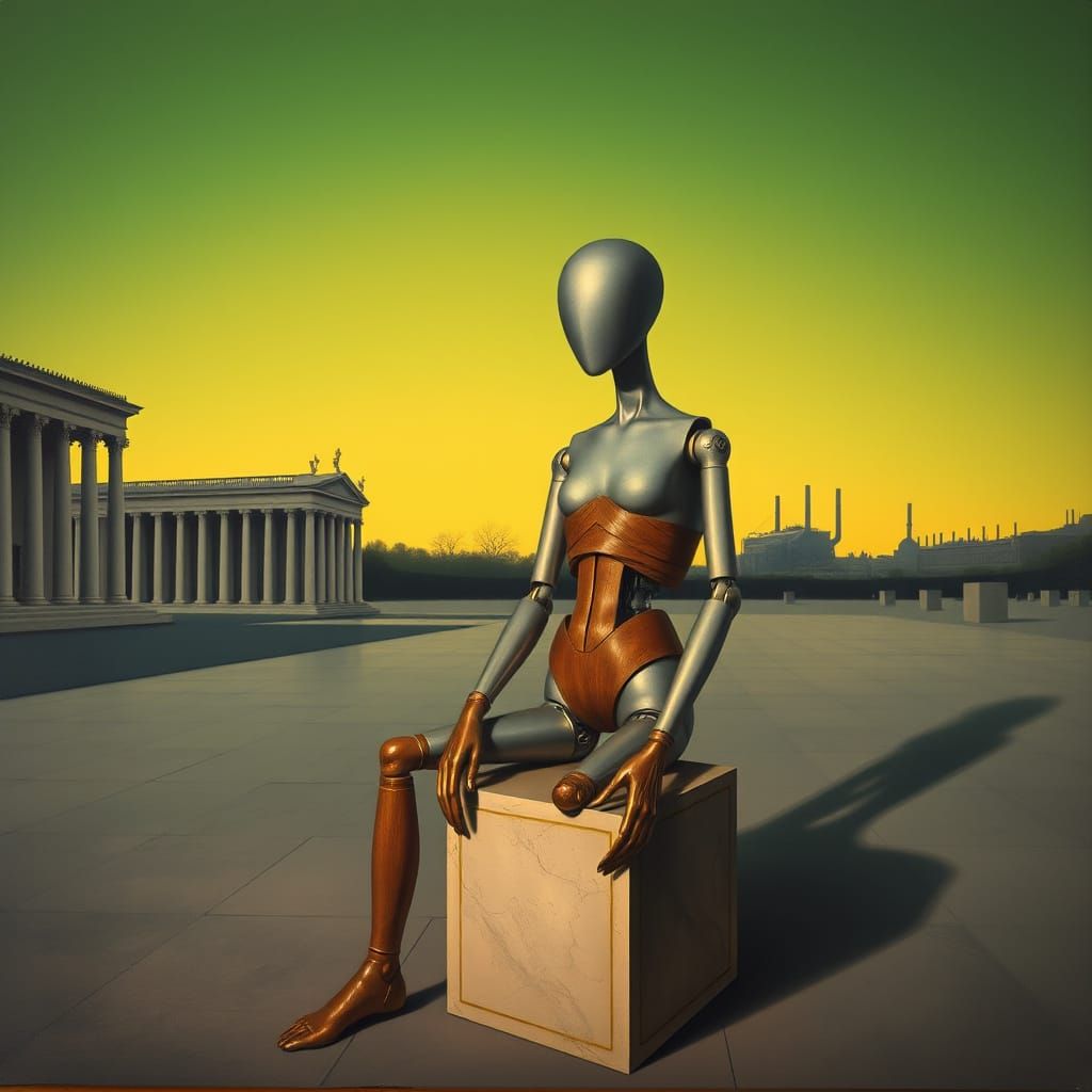Metaphysical Mannequin in De Chirico Style Plaza