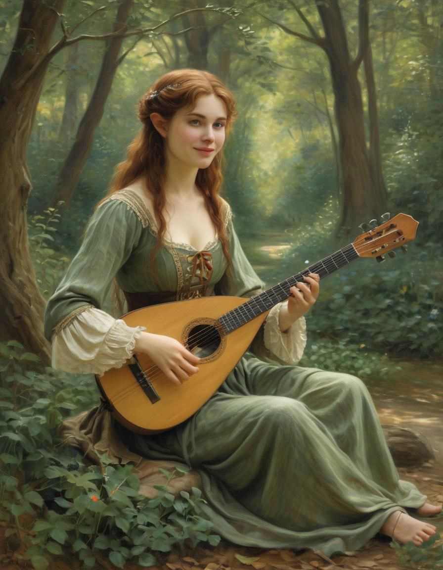 Middle Earth Elf Plays Lute in Impressionist Style