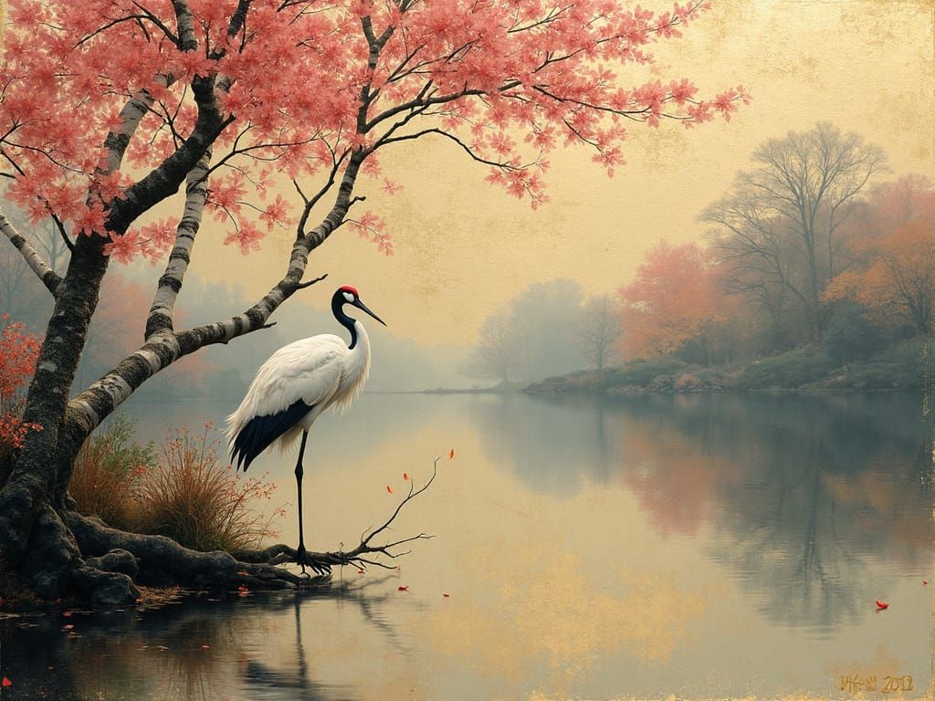 Impasto Oil Painting of a Serene Crane in Cherry Blossom Lan...