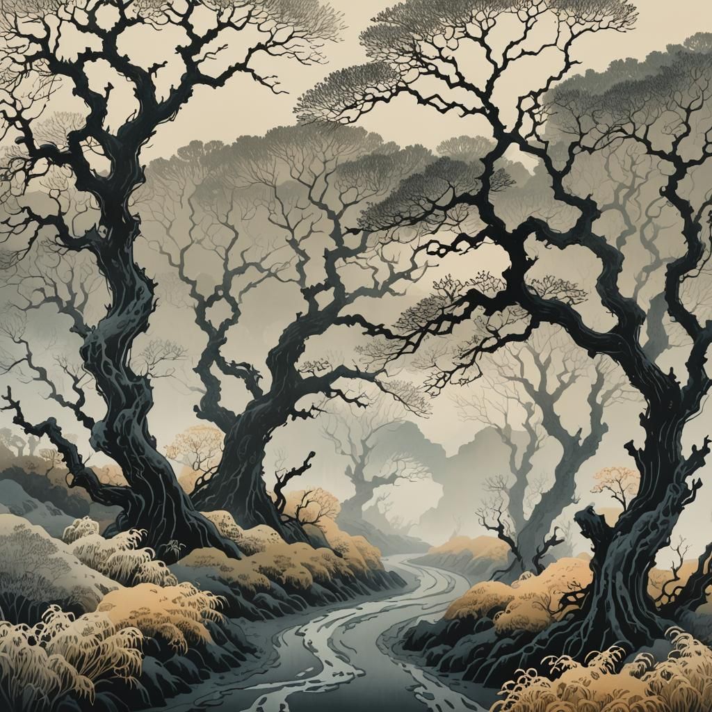 Ethereal Countryside Scene in Hokusai-Gorey Style