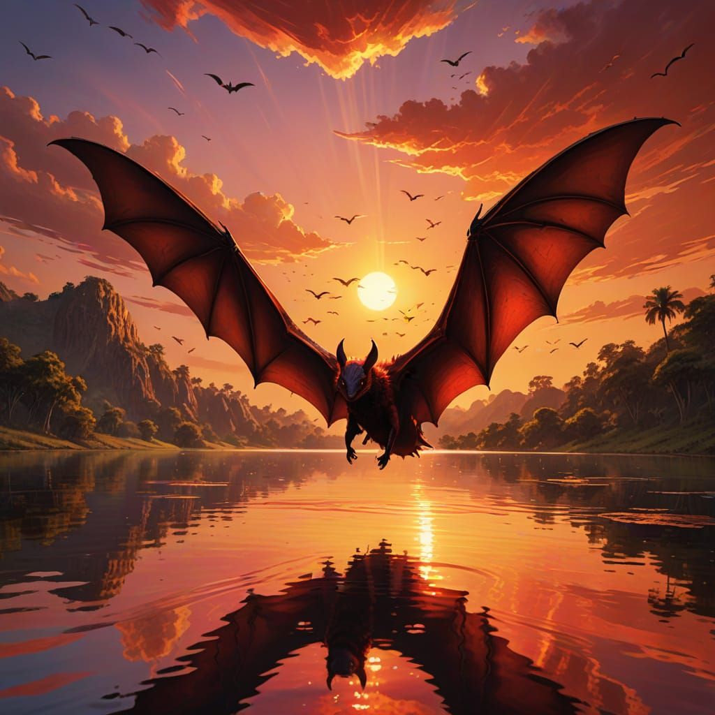 Giant Red Bat Soars Over African Lake in Oil Painting