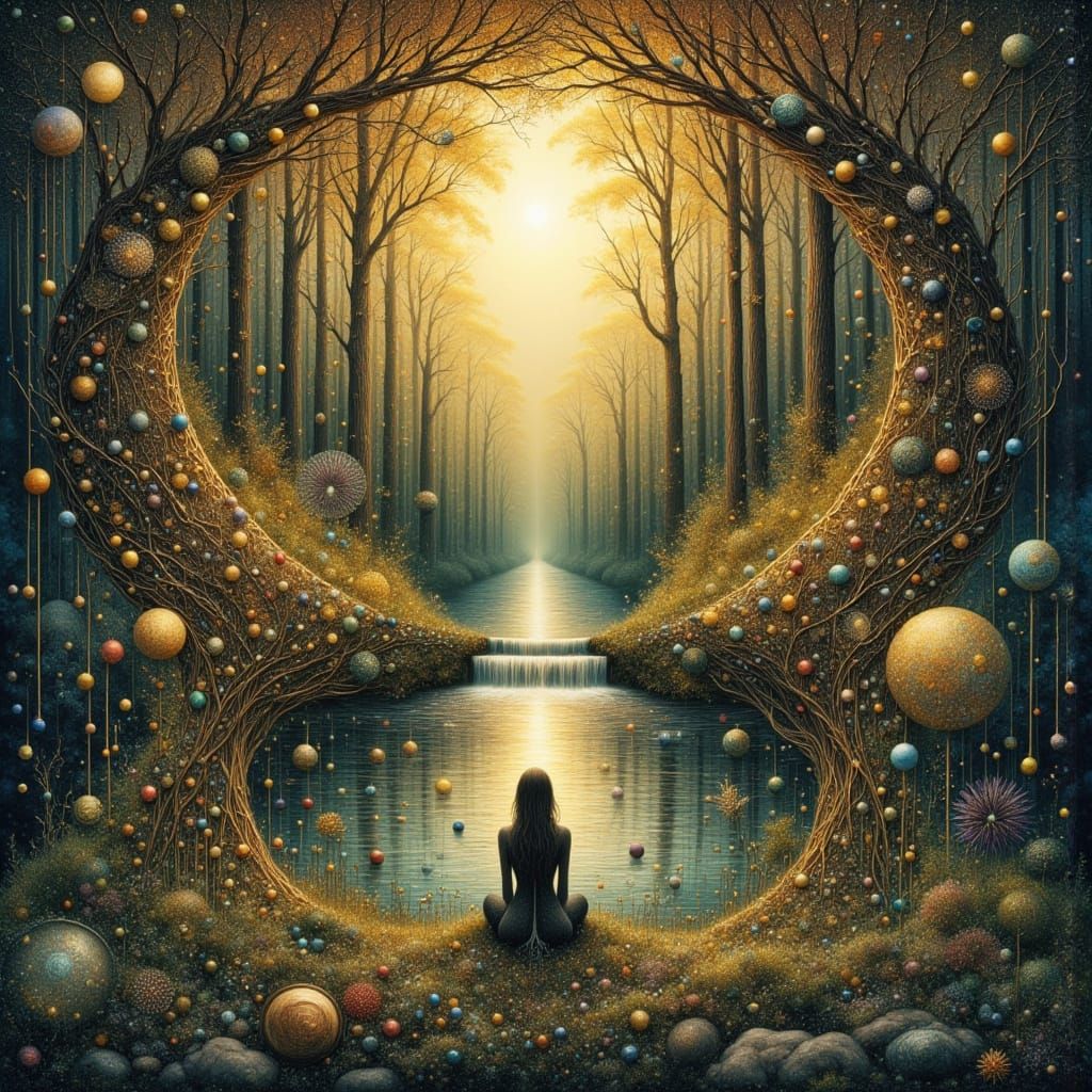 Magical Painting of Nested Suitcases with Fantasy River