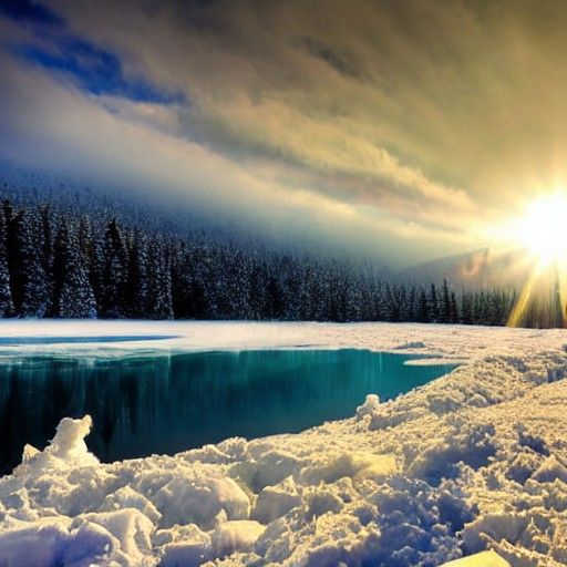 Frozen Mountain Lake with Divine Sunshine