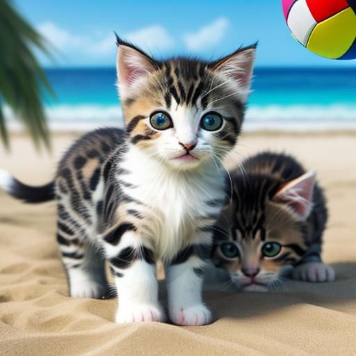 Fuzzy Kittens Play with Beach Ball in Hyperreal Style