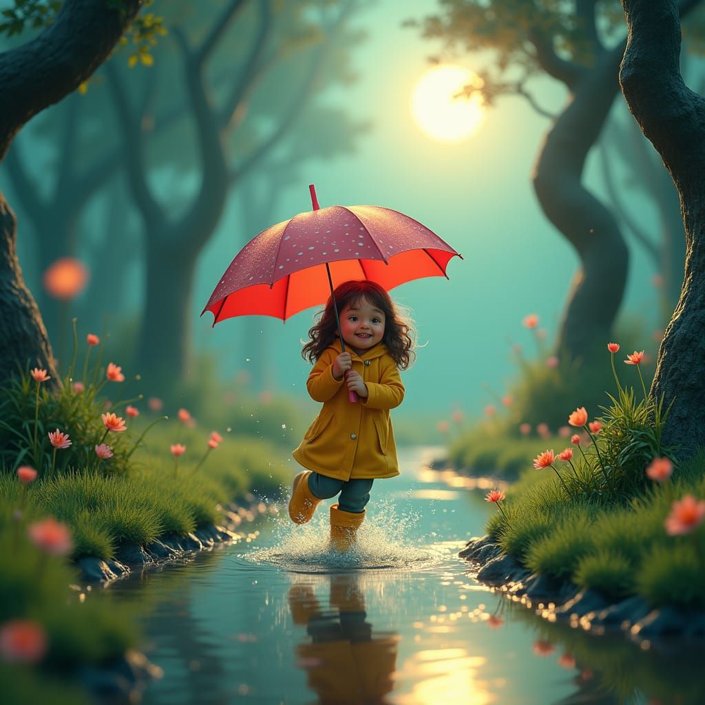 Joyful Girl Splashing in Moonlit Puddles