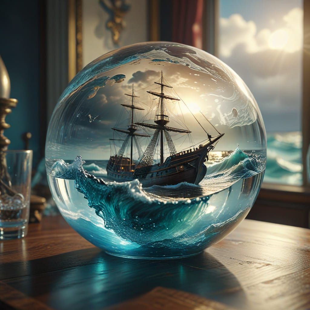 Ship in Glass Orb: Surreal Seascape