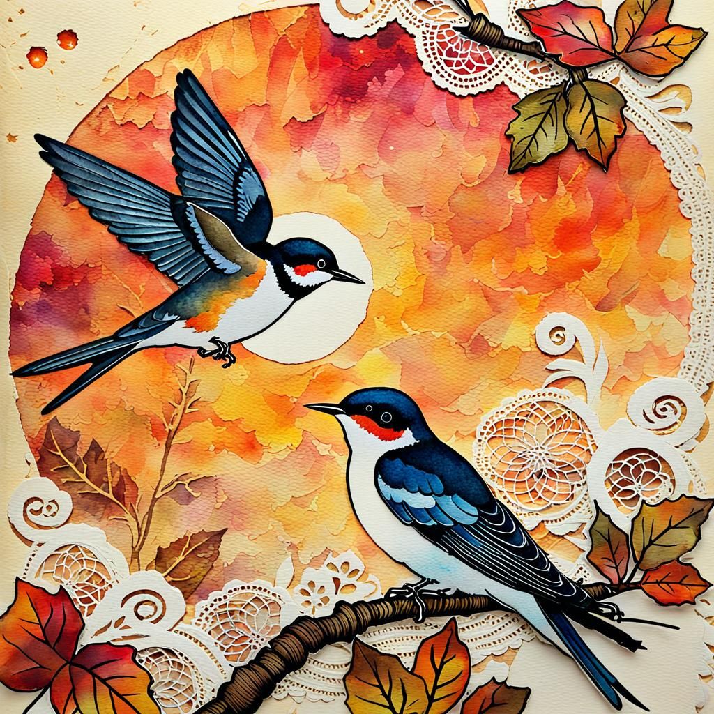 Vintage Watercolor Sunset with Swallows