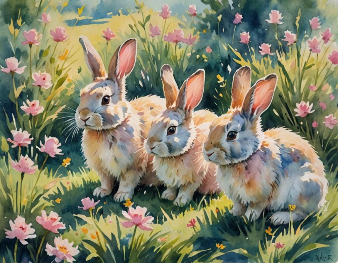 Impressionist Bunny Rabbits in Meadow as Gouache Painting