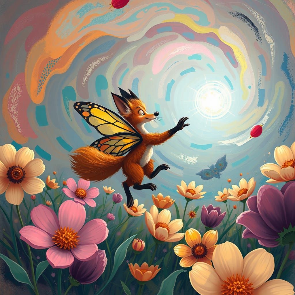 Whimsical Fox with Butterfly Wings Chasing Light