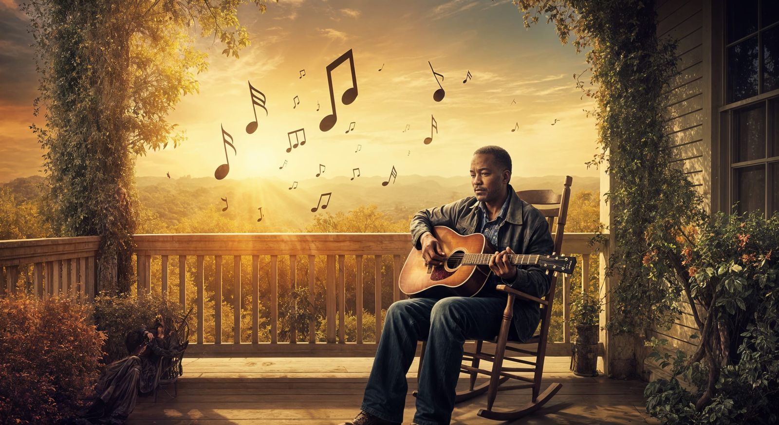 Blues Guitarist Double Exposure at Sundown