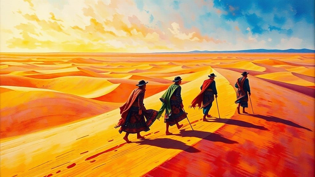 Gypsies' Desert Trek in Fluorescent Impasto Style