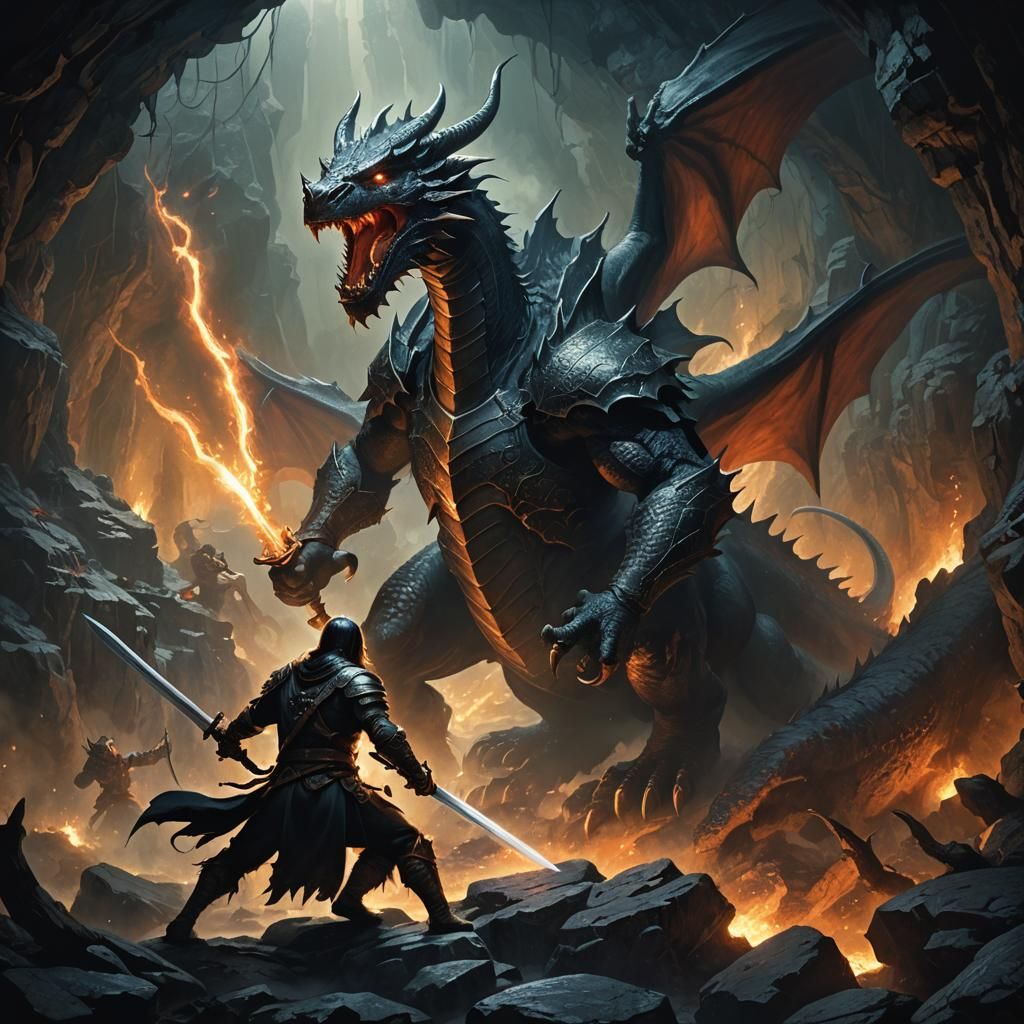 Heroic Warrior Slaying a Dragon in a Dark Cave