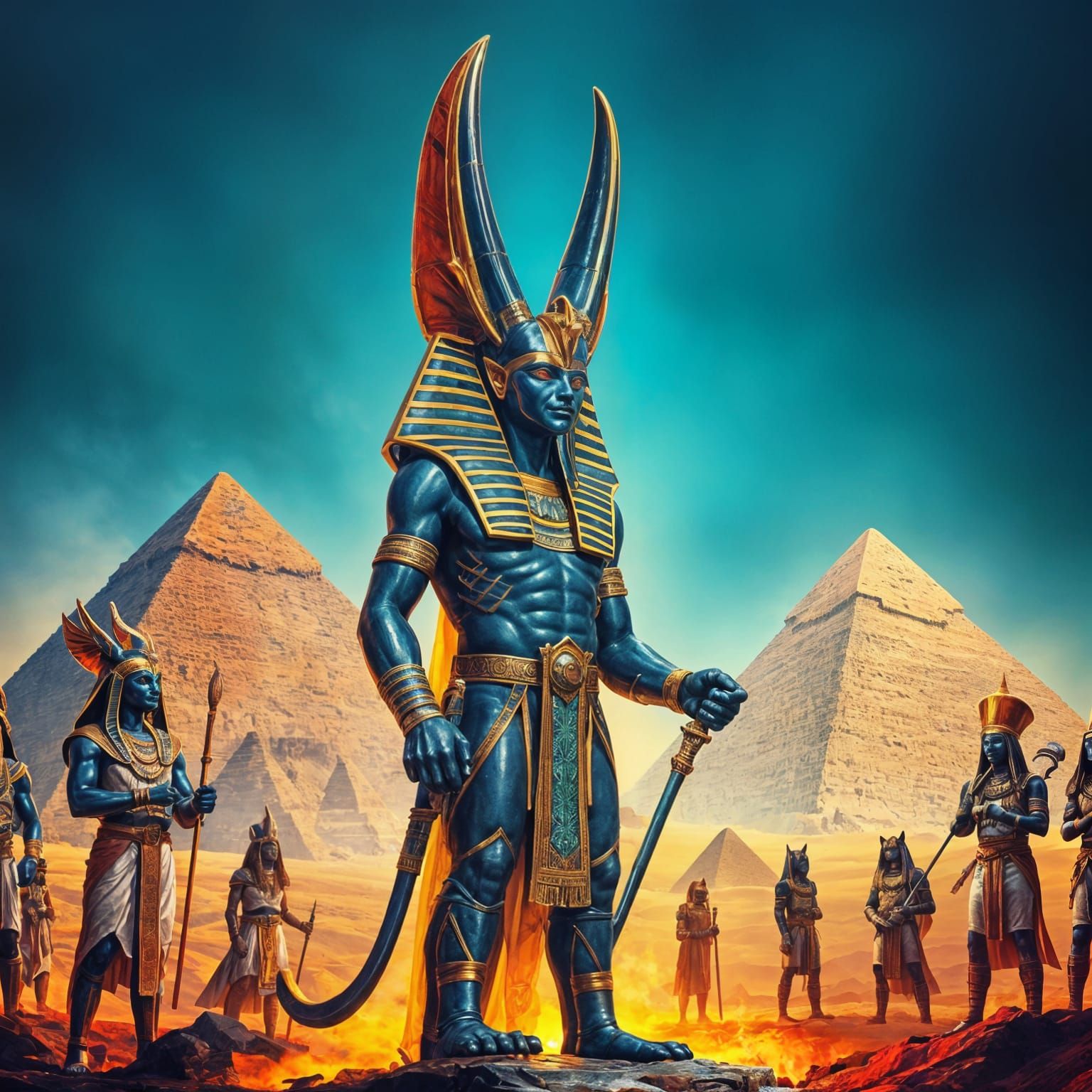 Egyptian God Anubis Amidst Vibrant Pyramids