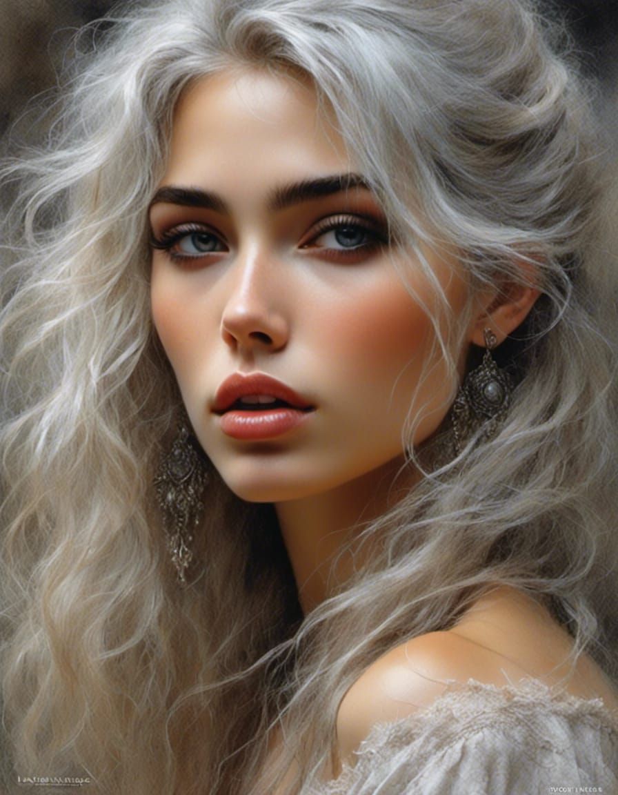 Detailed Portrait of Woman with Silver Hair by Royo