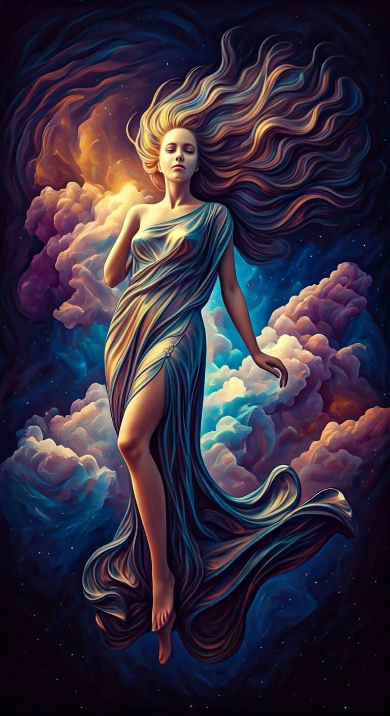 Surreal Cosmic Goddess Unfolds in Iridescent Space
