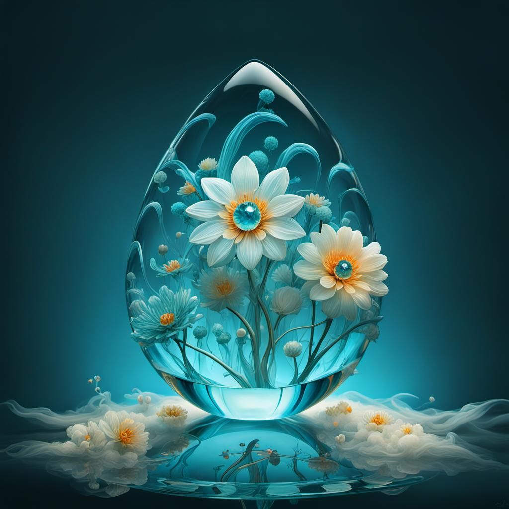 Glass Teardrop Flower in Psychedelic Surrealism Style