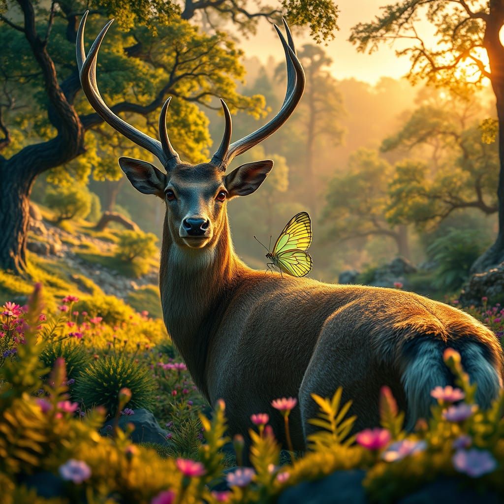 Majestic Deer Supports Iridescent Butterfly in Vibrant Valle...