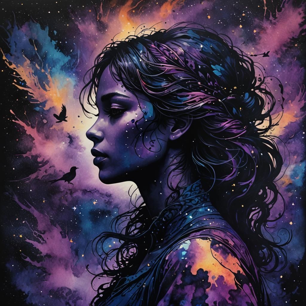 Dramatic Ink Silhouette Portrait in Dark Fantasy Style