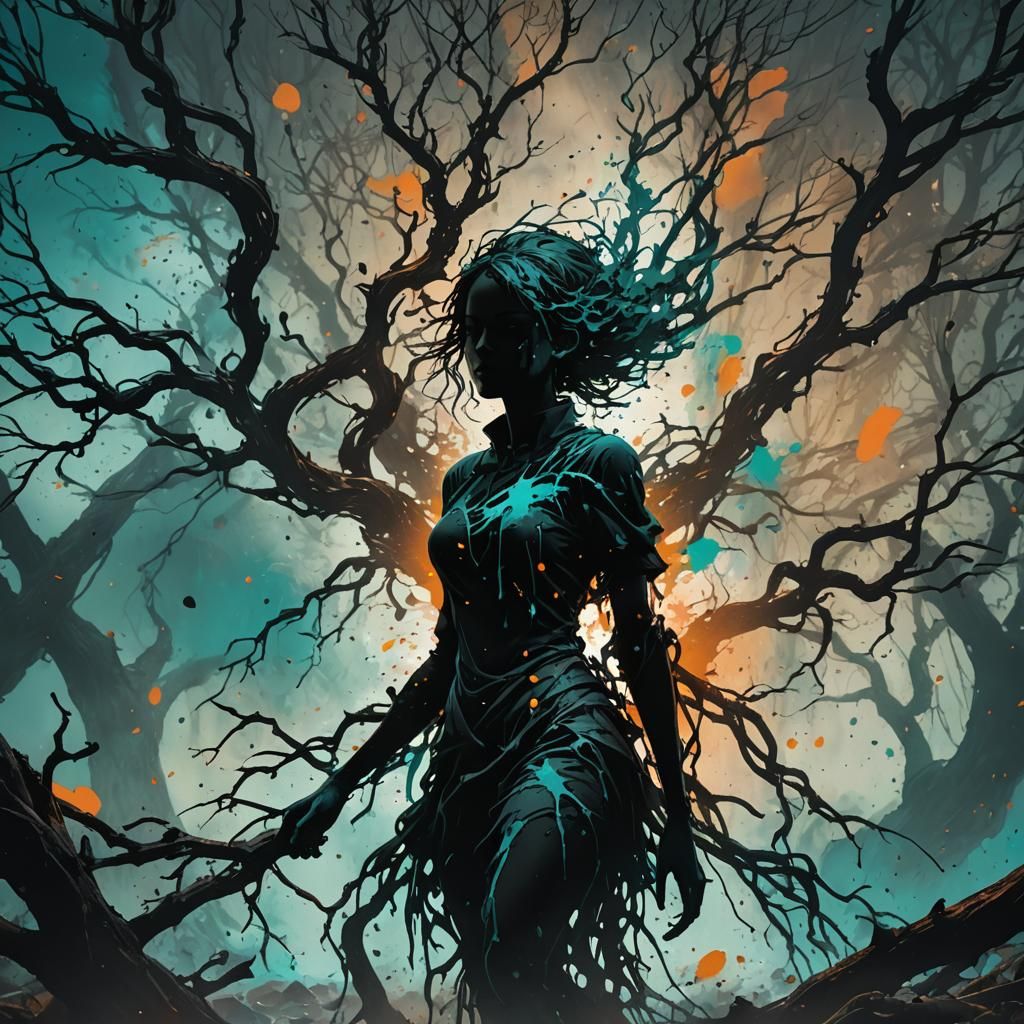 Dark Fantasy Silhouette in Splatter Ink Art