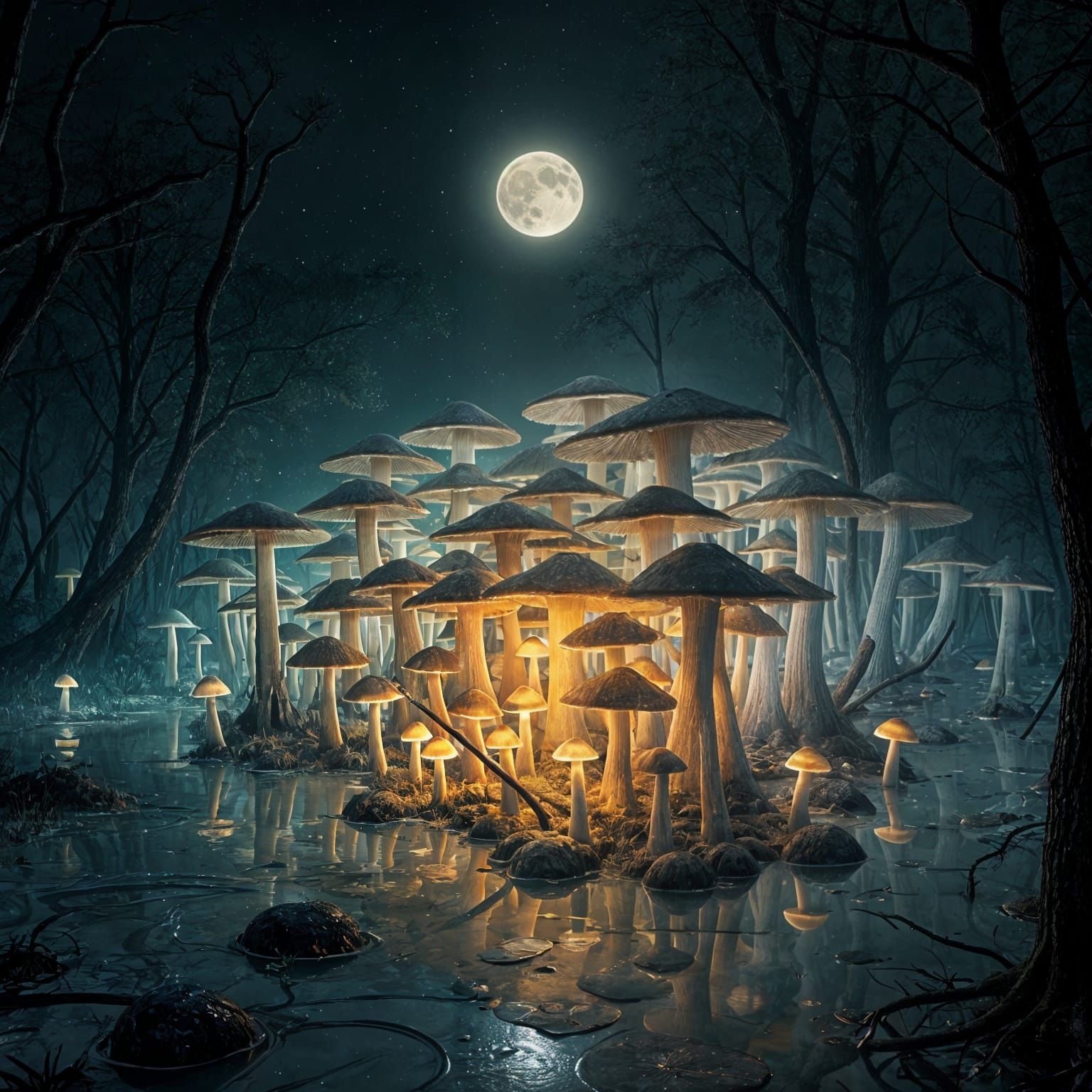 Glowing Mushroom Oasis in Louisiana Swamp at Night