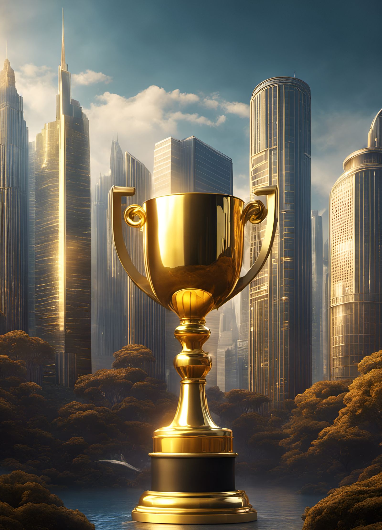 Giant Golden Trophy Dominates Sunny Cityscape